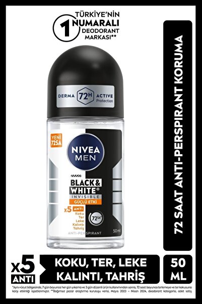 NIVEA MEN Erkek Roll-on Deodorant Black&White Güçlü Etki 50 ml, 72 Saat Anti-...