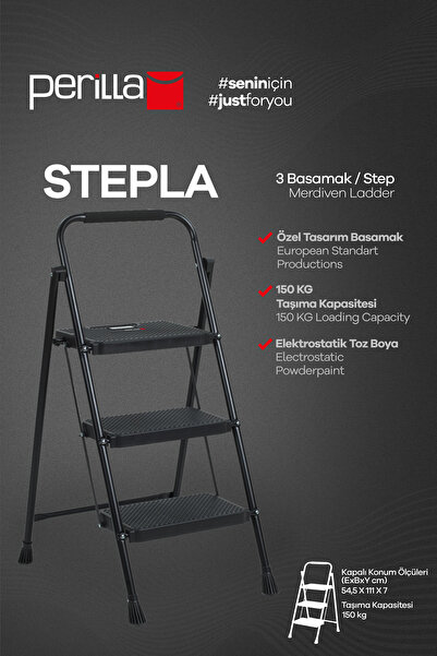 Perilla Stepla Katlanır Çelik Merdiven 3 Basamaklı Siyah – Ev & Ofis Kullanımı