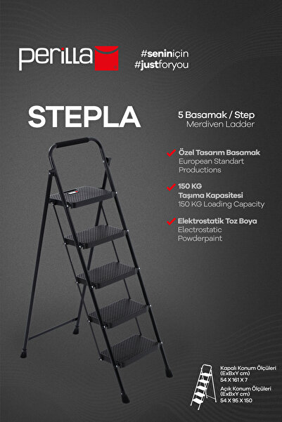 Perilla Stepla Katlanır Çelik Merdiven 5 Basamaklı Siyah – Ev & Ofis Kullanımı