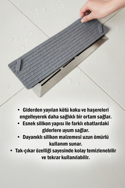 omilife Gri Uzun Silikon Gider Kapağı Koku Önleyici Lavabo Banyo Mutfak Balkon Gider 37x11 cm