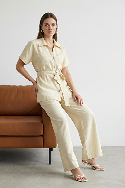 Trendyol Collection Ecru Belted Shirt and Wide-Leg Pants Woven Bottom - Top S...