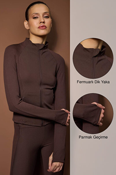 Trendyol Collection Καφέ πλεκτό αθλητικό μπουφάν κατάδυσης/σκούμπα THMAW26SK0...