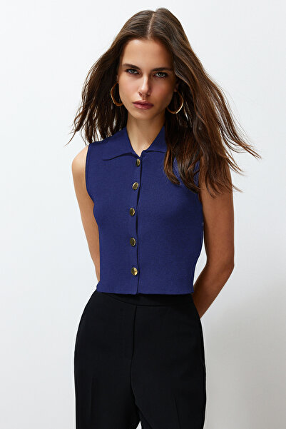 Trendyol Collection Marineblauer Premium-Garn-/Spezialgarn-Pullover im Crop-W...