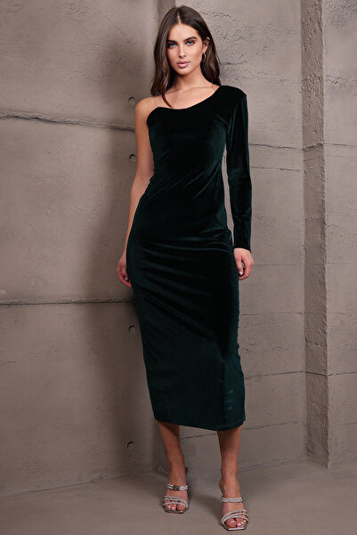 Trend Alaçatı Stili Women's Walnut Green Single Sleeve Stone Strap Velvet Lon...