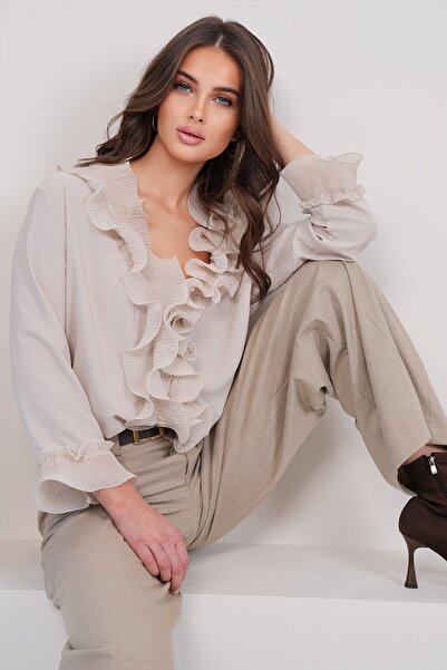 Trend Alaçatı Stili Women's Stone V-Neck Front Ruffle Woven Shirt Alc-X15014