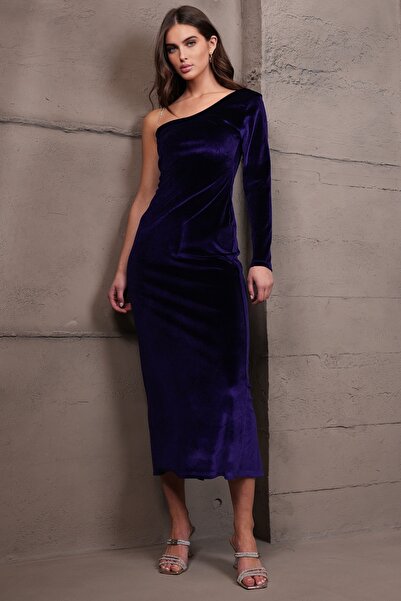 Trend Alaçatı Stili Rochie lungă din catifea mov pentru femei, cu o singură m...