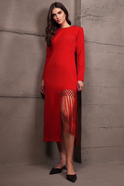 Trend Alaçatı Stili Rochie roșie pentru femei, cu guler rotund fermoare, cu c...