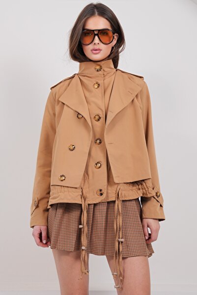 Trend Alaçatı Stili Women's Camel Mock Neck Design Lined Trench Coat Alc-X14972
