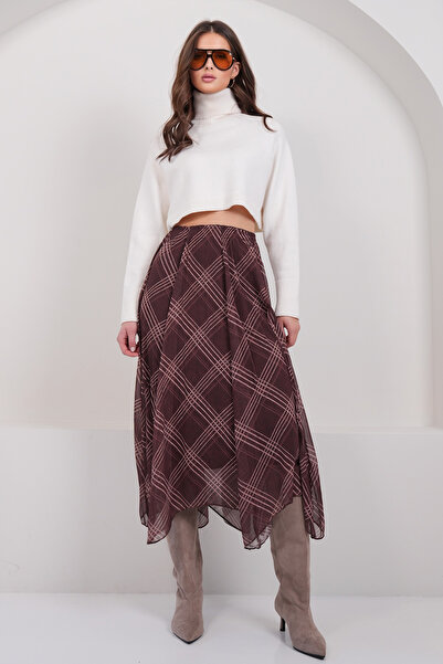 Trend Alaçatı Stili تنورة شيفون نسائية بنمط غير متماثل ومبطن باللون البني ALC...