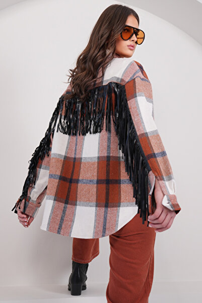 Trend Alaçatı Stili Γυναικείο καφέ δερμάτινο παλτό με φούντες και τσέπες ALC-...