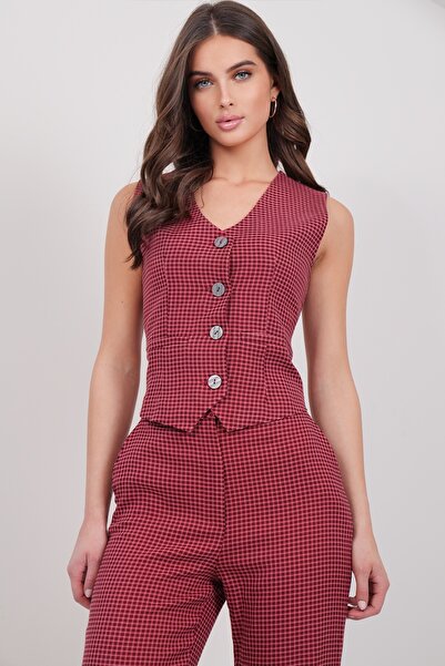 Trend Alaçatı Stili Women's Burgundy Plaid Patterned Lined Vest Alc-X14927