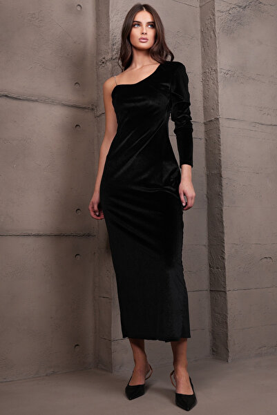 Trend Alaçatı Stili Women's Black One Sleeve Stone Strap Velvet Long Dress Al...