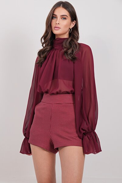 Trend Alaçatı Stili Women's Burgundy Plaid Patterned Shorts Alc-X14926