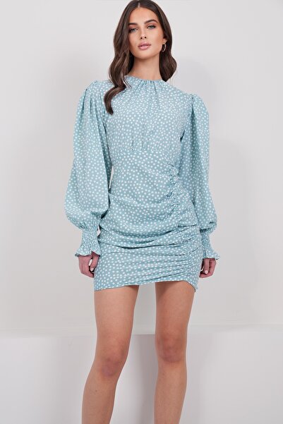 Trend Alaçatı Stili Women's Mint Green Wide Neckline Drape Detail Polka Dot M...