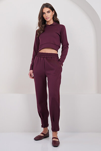 Trend Alaçatı Stili Women's Burgundy Hooded Crop Sweatshirt and Stitching Det...