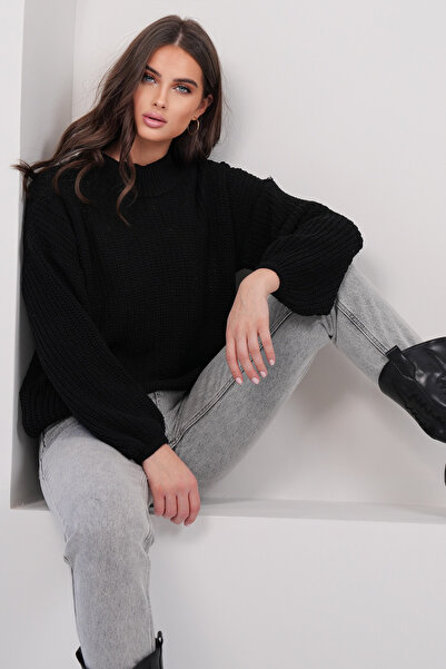 Trend Alaçatı Stili Schwarzer Oversize-Strickpullover mit halbem Rollkragen f...