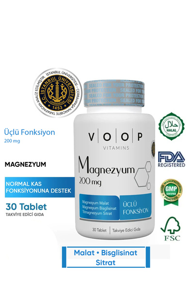 VOOP Magnezyum Malat, Sitrat Ve Bisglisinat - 200 Mg | 30 Tablet