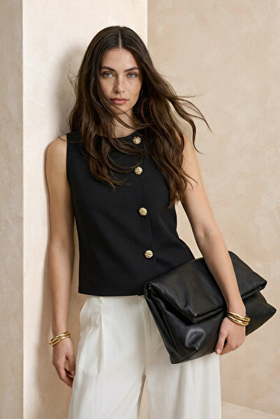 Trendyol Collection Schwarze, figurbetonte, geknöpfte, ärmellose Bluse aus Sc...