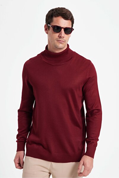 Tudors Slim Fit Full Turtleneck Plain Wool Claret Red Men's Knitwear Sweater