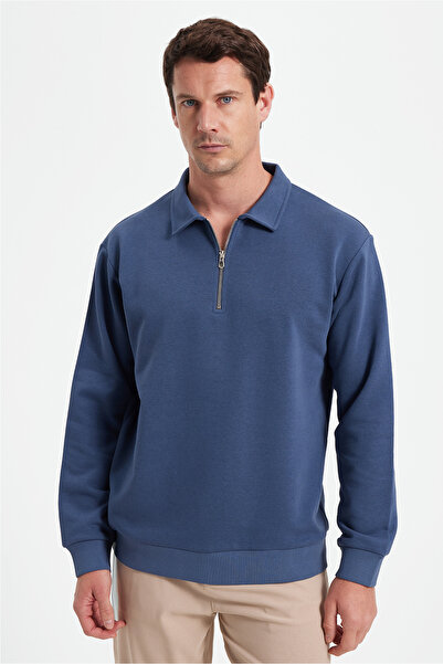 Tudors Erkek Relax Fit Rahat Kesim Pamuklu 3 İplik Fermuarlı Polo Yaka Koyu M...