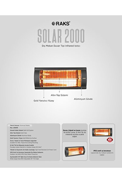 Raks SOLAR 2000 Watt Su Geçirmez Halogen Duvar Tipi Dış Mekan Isıtıcı