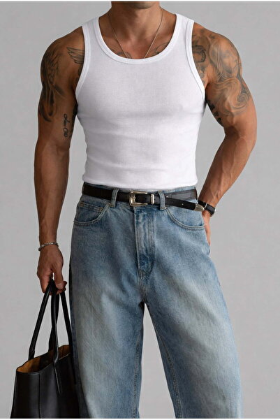 ablukaonline Erkek Basic Fitilli Kumaş Atlet Beyaz