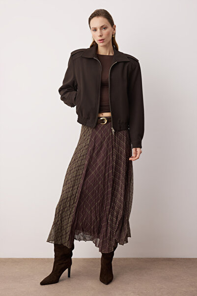 Trendyol Collection Khaki-brauner, karierter, gefütterter Chiffon-Maxi-Rock m...