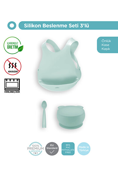 OiOi 3'lü Set Kapaklı Kase River Green, Nam Nam Kaşık River Green, Mama Önlüğü