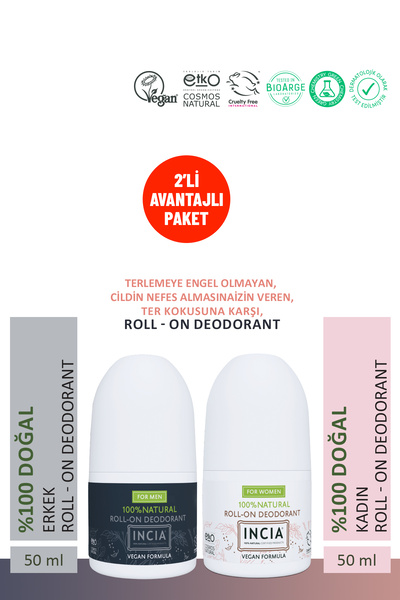 Incia %100 Doğal Roll On Deodorant Kadın Erkek Ter Kokusu Önleyici Lekesiz 50...