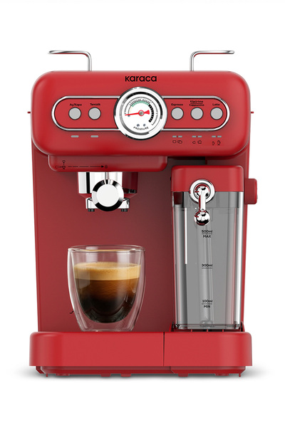 Karaca Vintage Craft Espresso, Latte and Cappuccino Machine with Milk Tank Red