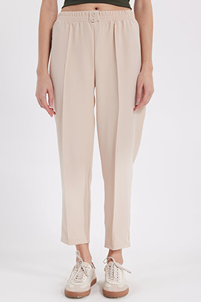 Tudors Women's Relax Fit Comfortable Cut High Waist Straight Leg Elastic Waistband Light Beige Trousers