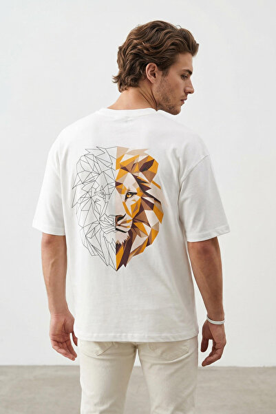 Trendyol Collection Ecru Oversize/szeroki wycięty tył z nadrukiem lwa, 100% b...