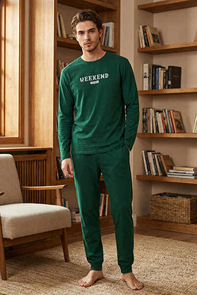 Trendyol Collection Πράσινο 100% βαμβακερό σετ πιτζάμες με στάμπα πλεκτό μεγά...