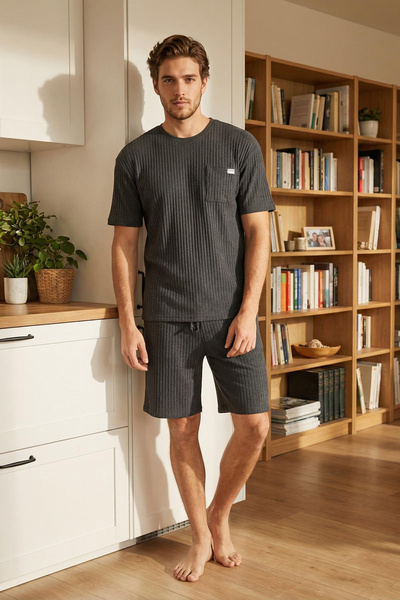 Trendyol Collection Antracytowy oversize fit prążkowany dzianinowy zestaw piżamowyTMNSS25PT00030