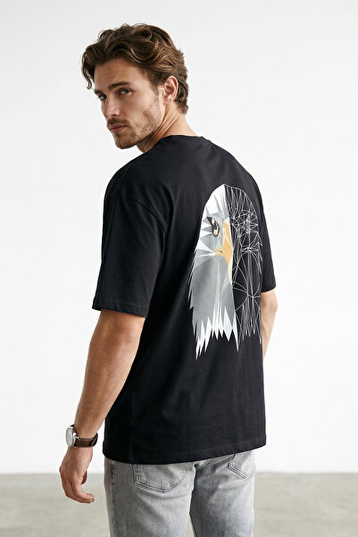 Trendyol Collection Black Oversize Cut Eagle Printed 100% Cotton T-Shirt
