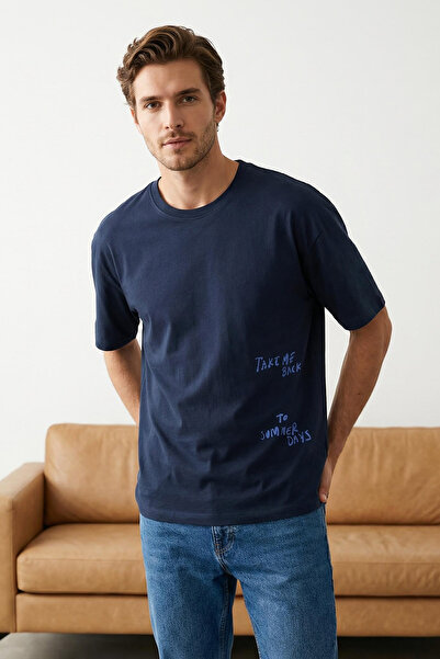 Trendyol Collection Navy Blue Wide Cut Text Printed Cotton T-Shirt - Tmnss25T...