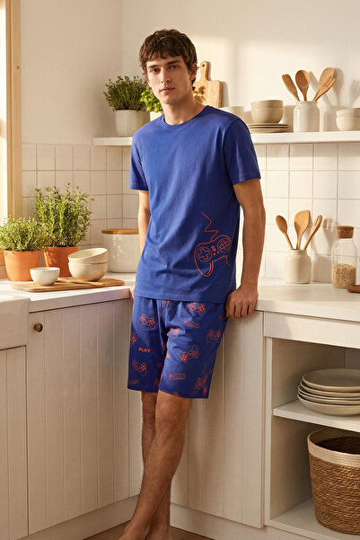 Trendyol Collection Marineblaues, reguläres bedrucktes Homewear-Pyjama-Set TM...