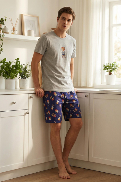 Trendyol Collection Grau Melange- Marineblau Regular Fit Teddybär-Print Pyjam...