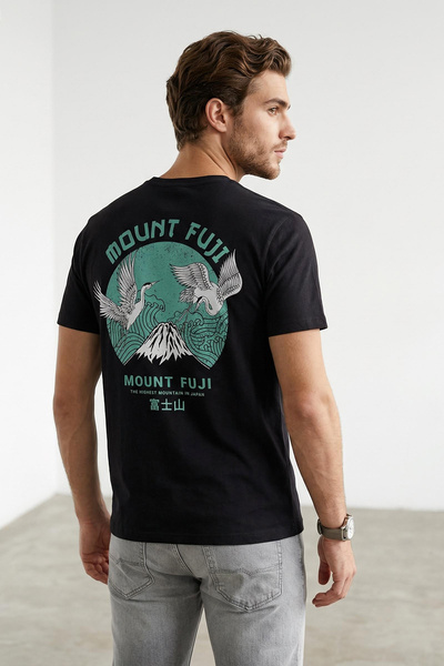 Trendyol Collection Black Slim/Fitted Mount Fuji Printed Cotton T-Shirt Tmnss...