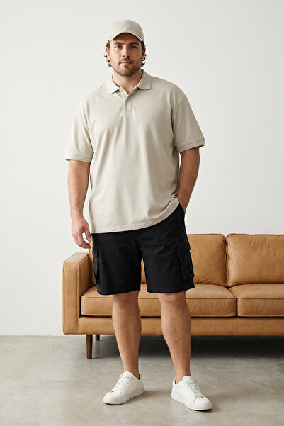 ترينديول كوليكشن شورت قطني أسود مقاس كبير بجيب كارجو بقصة عادية مريح وبرمودا ...