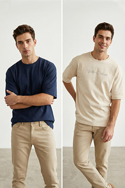 ترينديول كوليكشن تي شيرت أزرق داكن-بيج كبير الحجم/واسع القطع مكون من قطعتين م...