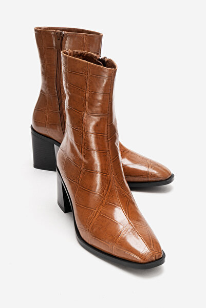 LuviShoes CHARA Taba Baskı Kadın Kalın Topuklu Bot