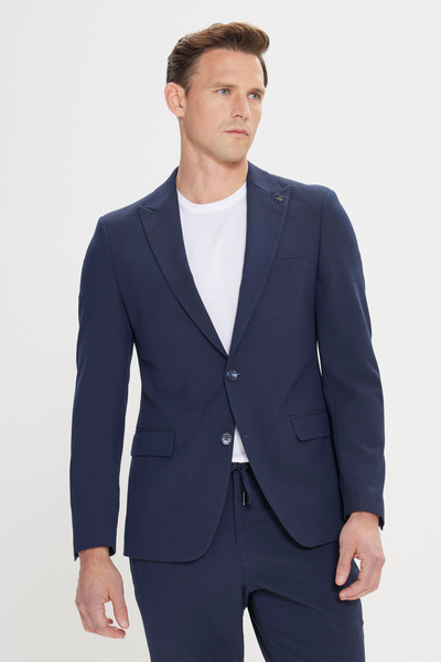 ALTINYILDIZ CLASSICS Erkek Lacivert Slim Fit Dar Kesim Kırlangıç Yaka Desenli Takım Elbise