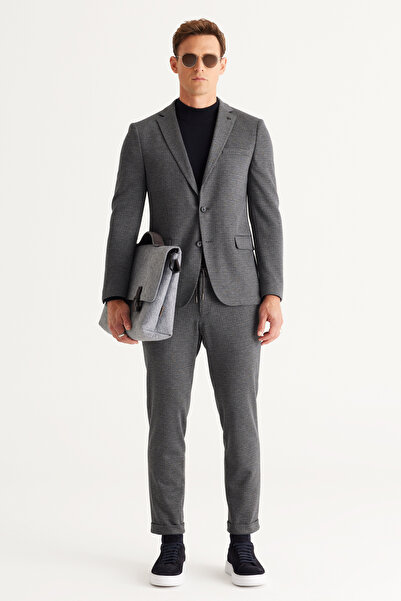 ALTINYILDIZ CLASSICS بدلة رجالية منقوشة باللون الأزرق الداكن والرمادي بقصة ضيقة وياقة أحادية