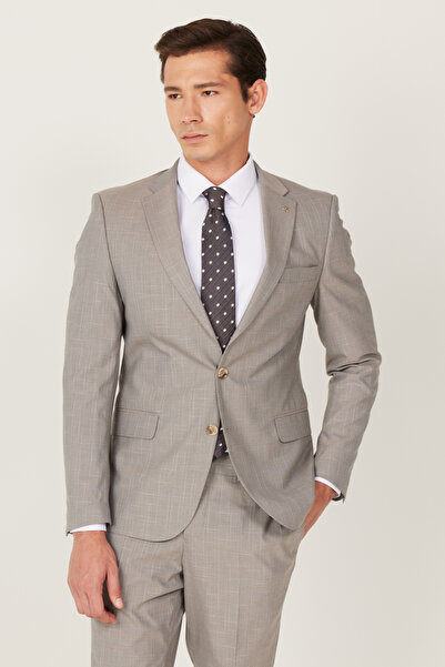 ALTINYILDIZ CLASSICS بدلة رجالية من الصوف باللون البيج بقصة ضيقة للغاية وطبعة طية صدر السترة