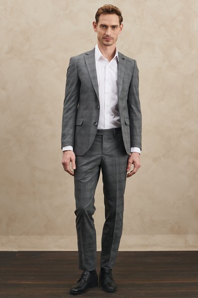ALTINYILDIZ CLASSICS Men's Gray Extra Slim Fit Slim Fit Mono Collar Checked Suit