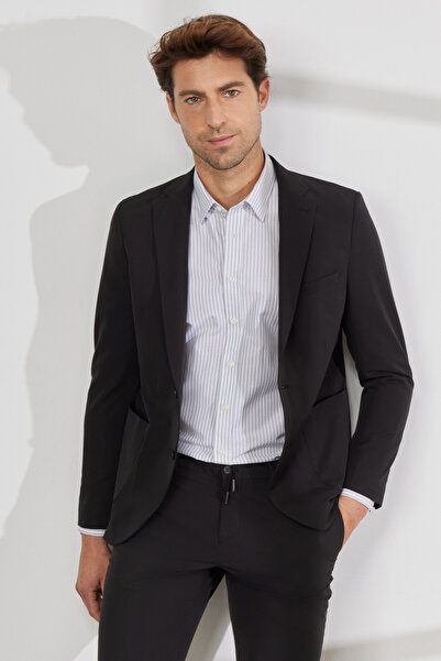 ALTINYILDIZ CLASSICS Erkek Siyah Slim Fit Dar Kesim Kırlangıç Yaka Çizgili Ta...