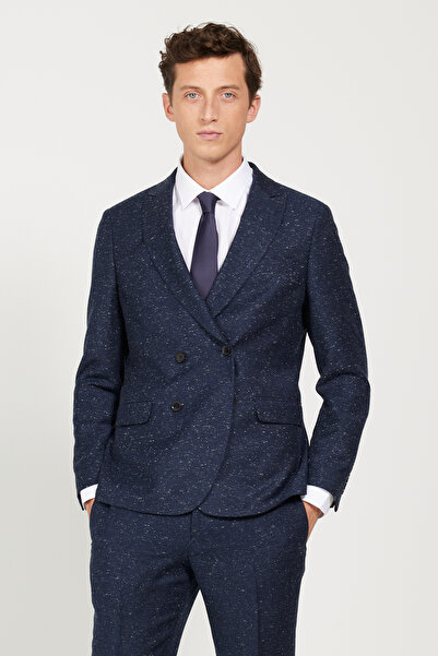 ALTINYILDIZ CLASSICS بدلة رجالية باللون الأزرق الداكن بقصة ضيقة ورقبة متعرجة منقوشة من الصوف مزدوجة الصدر