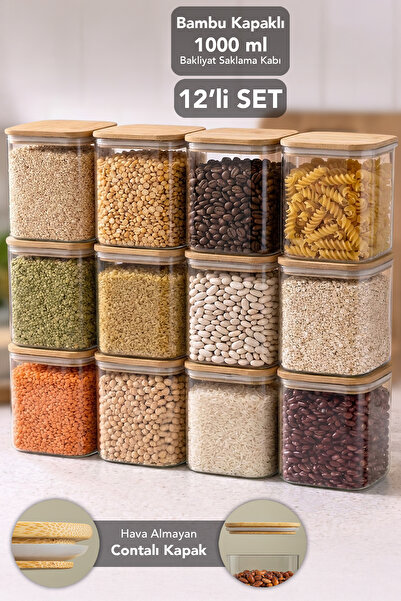 Meleni Home 12-Piece 1 Liter Aura Square Storage Container with Bamboo Lid - ...