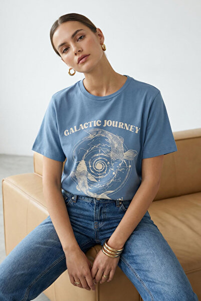 Trendyol Collection Tricou tricotat cu imprimeu, 100% bumbac gros, model obiș...